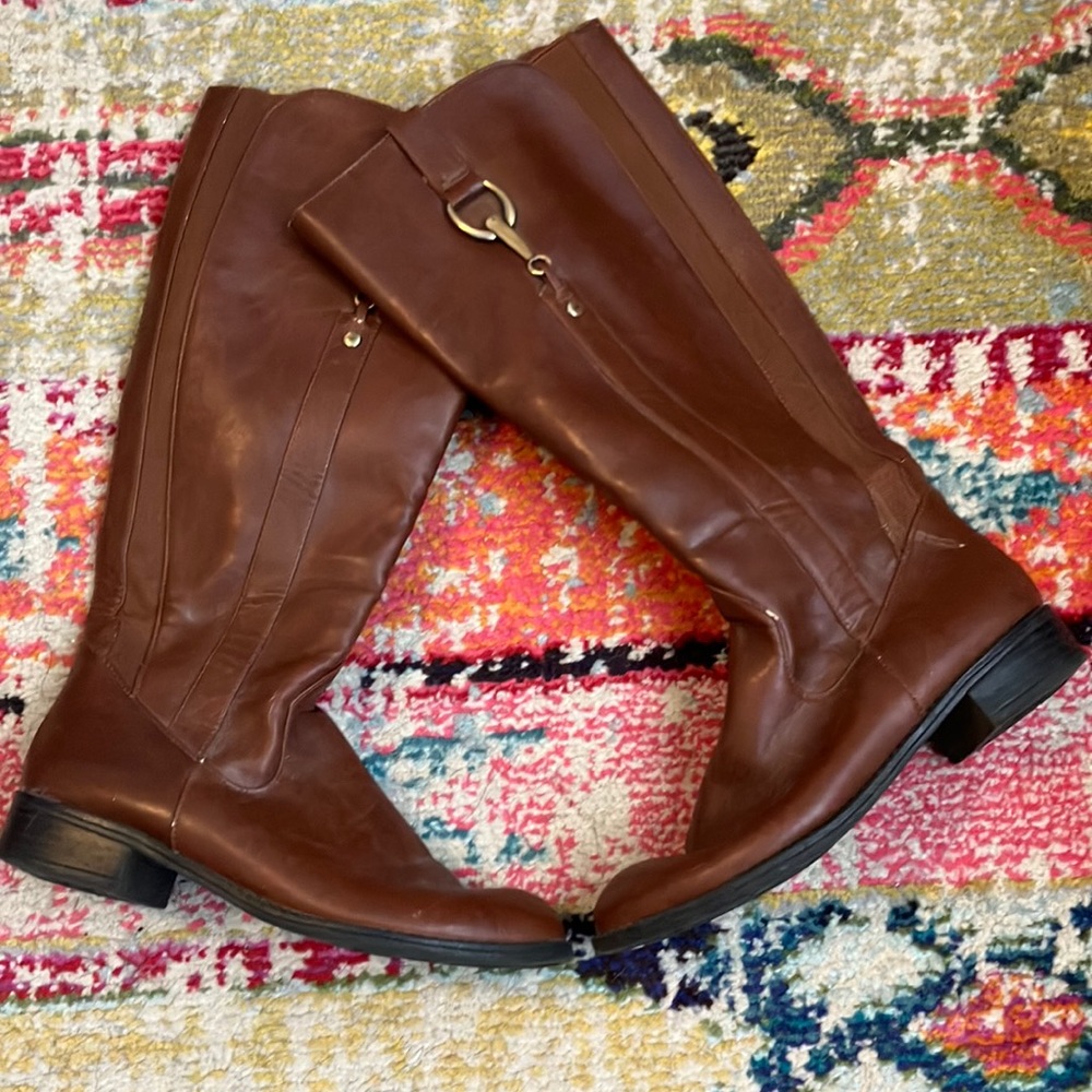 Calf height brown boots.